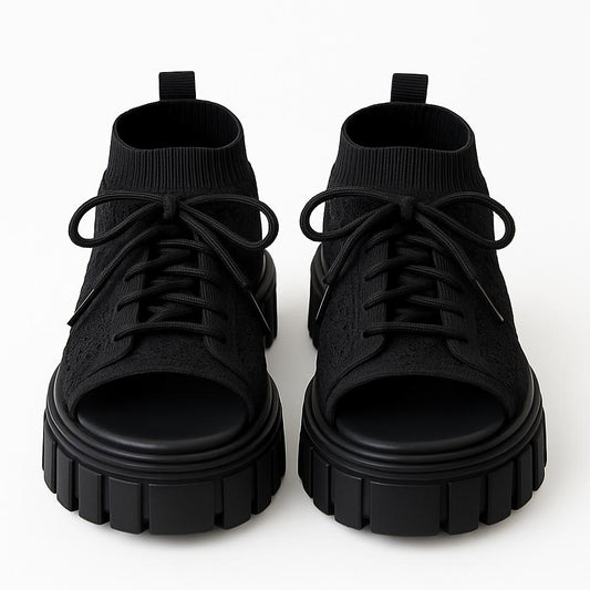 Black Chunky Sole Knit Sandals – Trendy Open-Toe Comfort