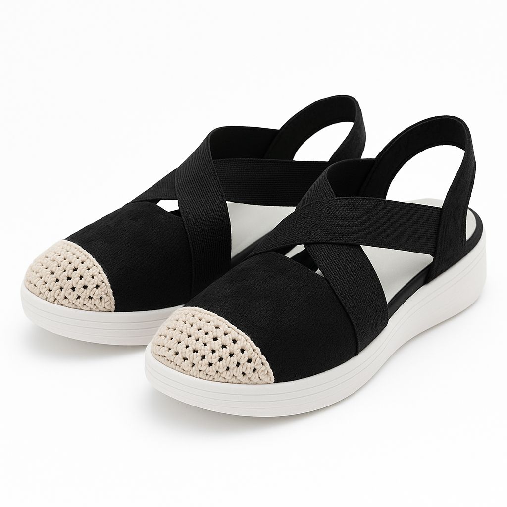 Women’s Comfort Wedge Sandals with Elastic Cross Straps – Breathable Crochet Toe, Lightweight Slip-On Design, Soft Cushion Footbed – Everyday Casual Walking Shoes
