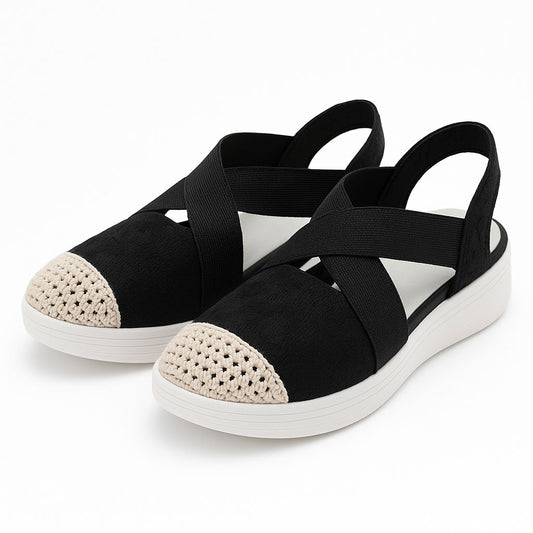 Women’s Comfort Wedge Sandals with Elastic Cross Straps – Breathable Crochet Toe, Lightweight Slip-On Design, Soft Cushion Footbed – Everyday Casual Walking Shoes